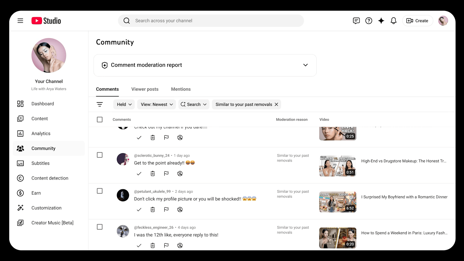 The comment moderation report in YouTube Studio