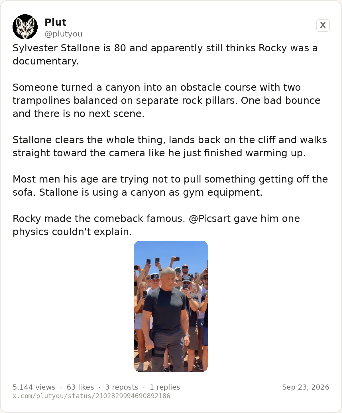 The canyon post of 23 September 2026 describing the trampolines and tagging Picsart