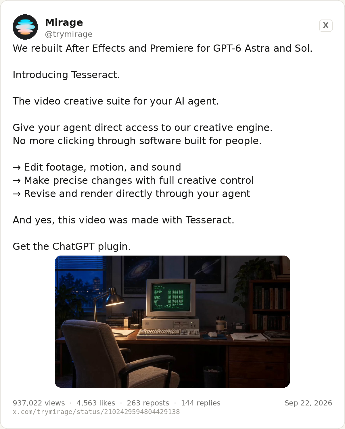 The Mirage post announcing Tesseract