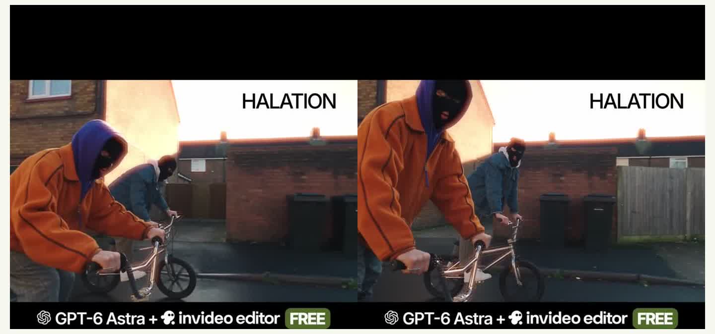 The same clip under invideo's halation preset, applied in the browser