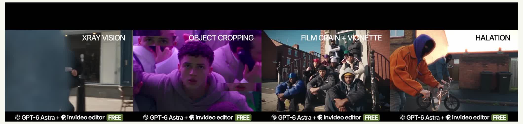 Four effect presets from invideo's demo: x-ray vision, object cropping, film grain with vignette, and halation