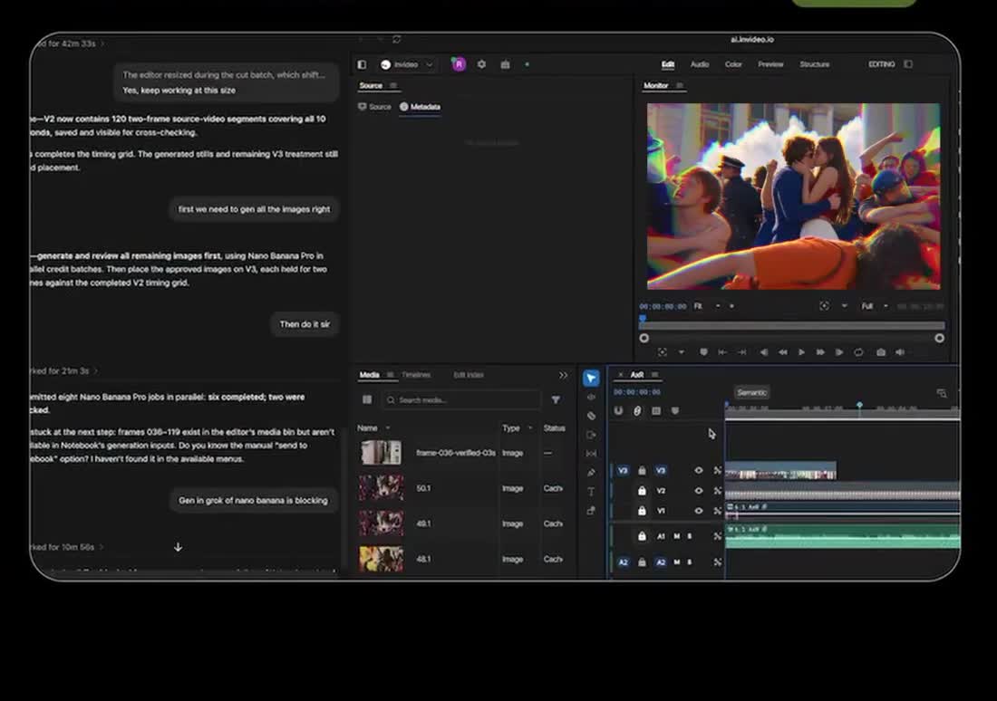 The invideo editor interface: asset panel, preview and timeline