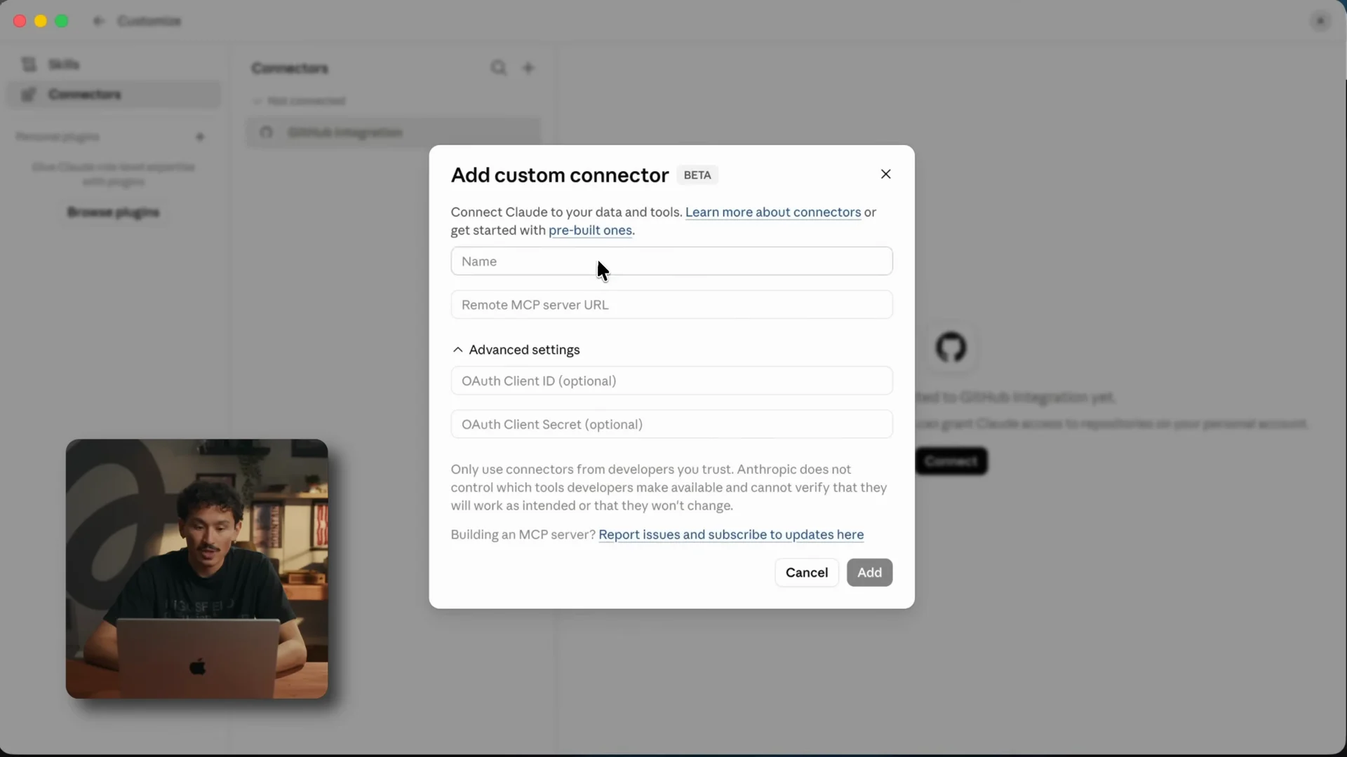 Claude's Add custom connector dialog