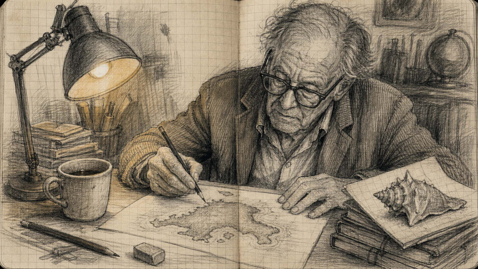 Based Boomerstein sketching the island map on graph paper
