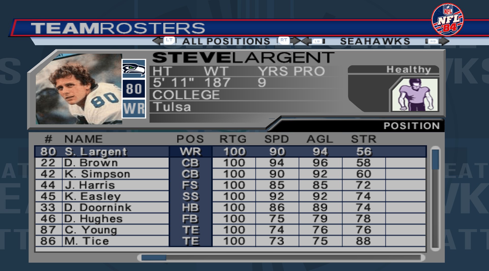 A roster screen from NFL '84: Steve Largent's 1984 Seahawks card