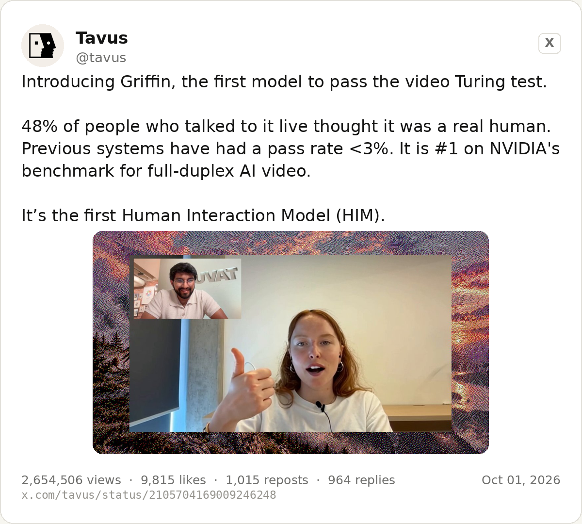 The post by @tavus announcing Griffin