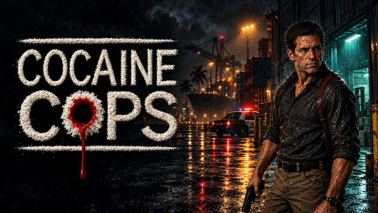 Cocaine Cops: The Pilot's key art: a rain-slick street and the game's logo