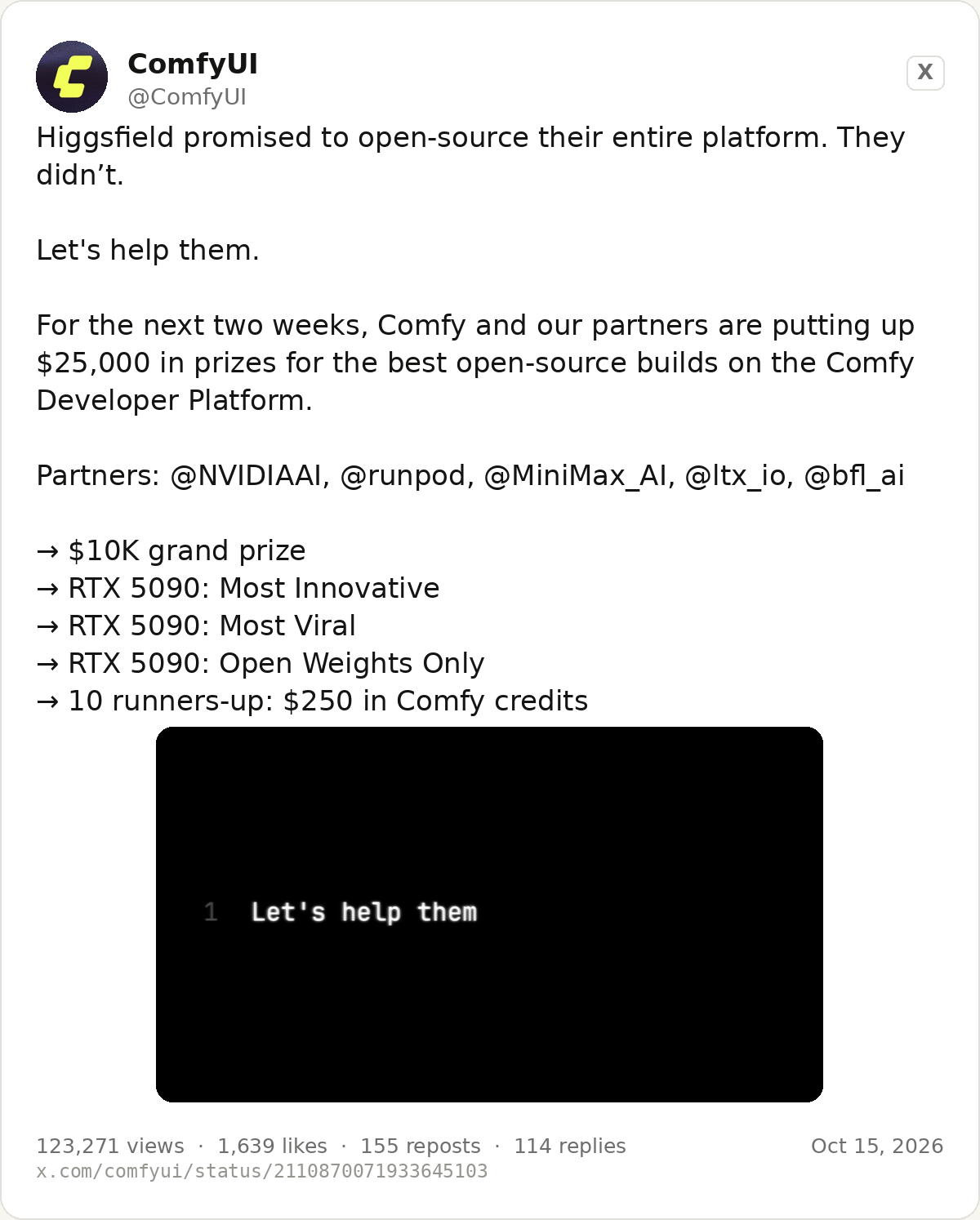 The ComfyUI post putting up the bounty