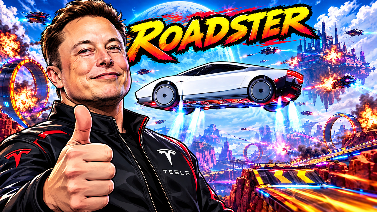 Roadster's key art: a thumbs-up, a flying Tesla and a neon highway