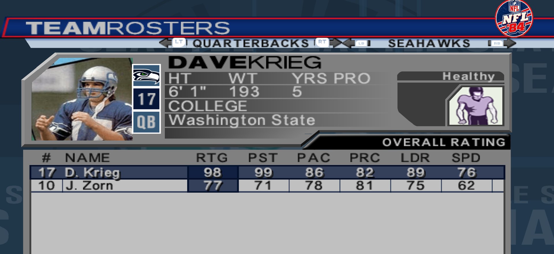A second roster screen from NFL '84: Dave Krieg's card, with the Seahawks' quarterbacks