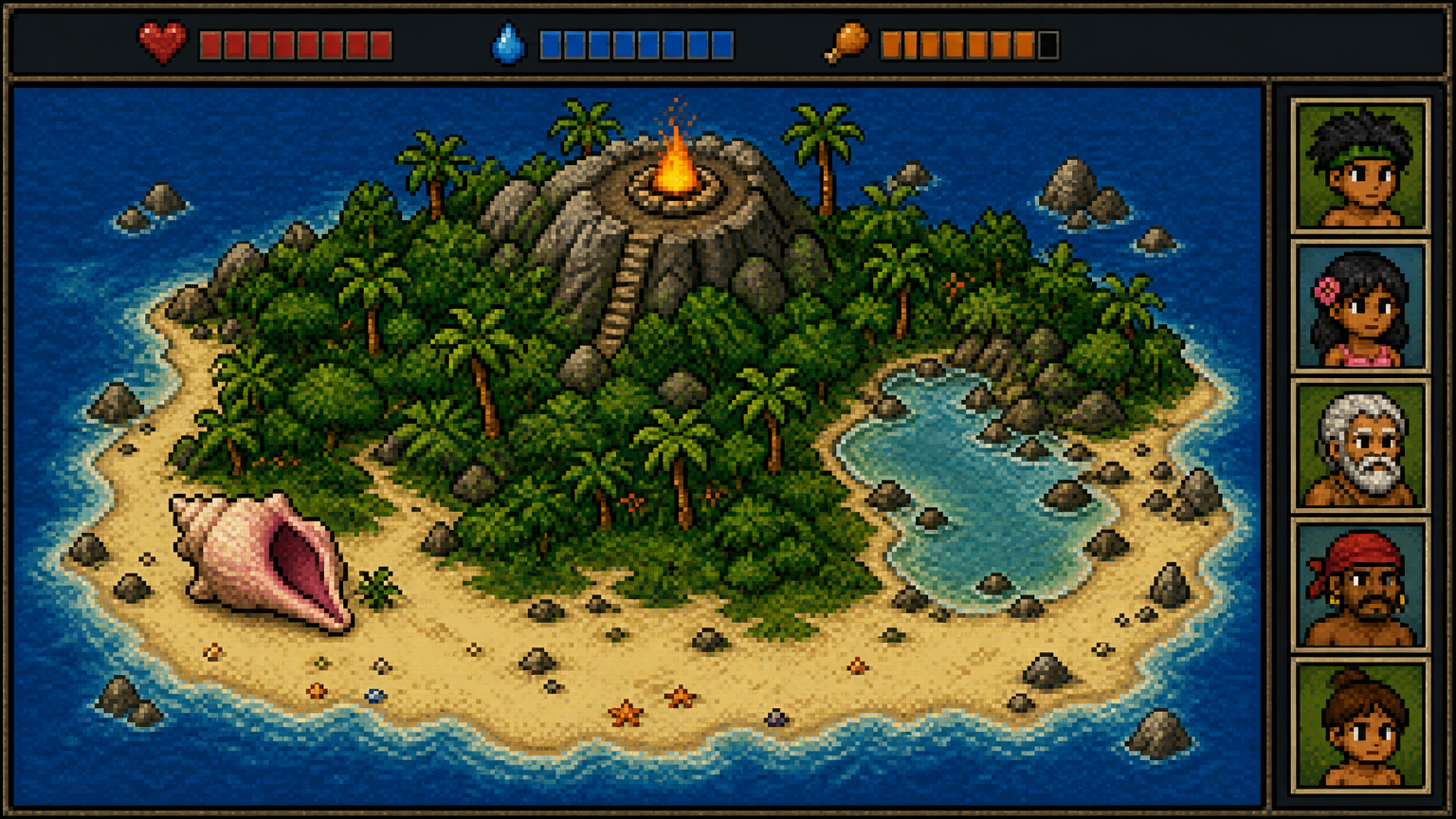 The island board: sand, jungle, the hilltop fire and the conch on the beach