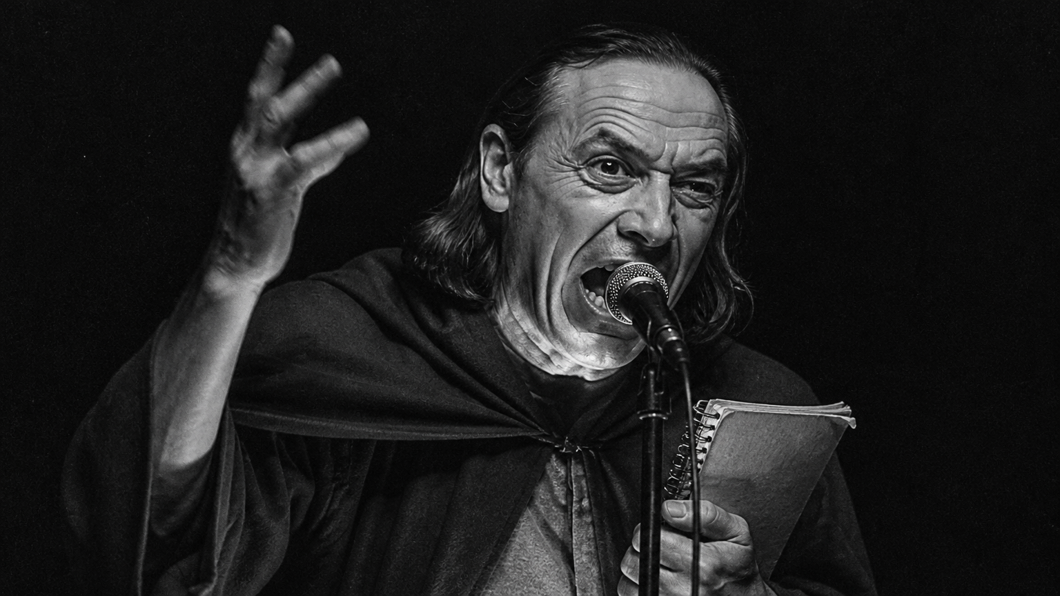 Based Boomerstein, mic in hand, mid-verse