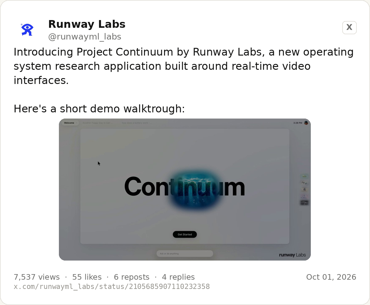 The post by @runwayml_labs announcing Project Continuum