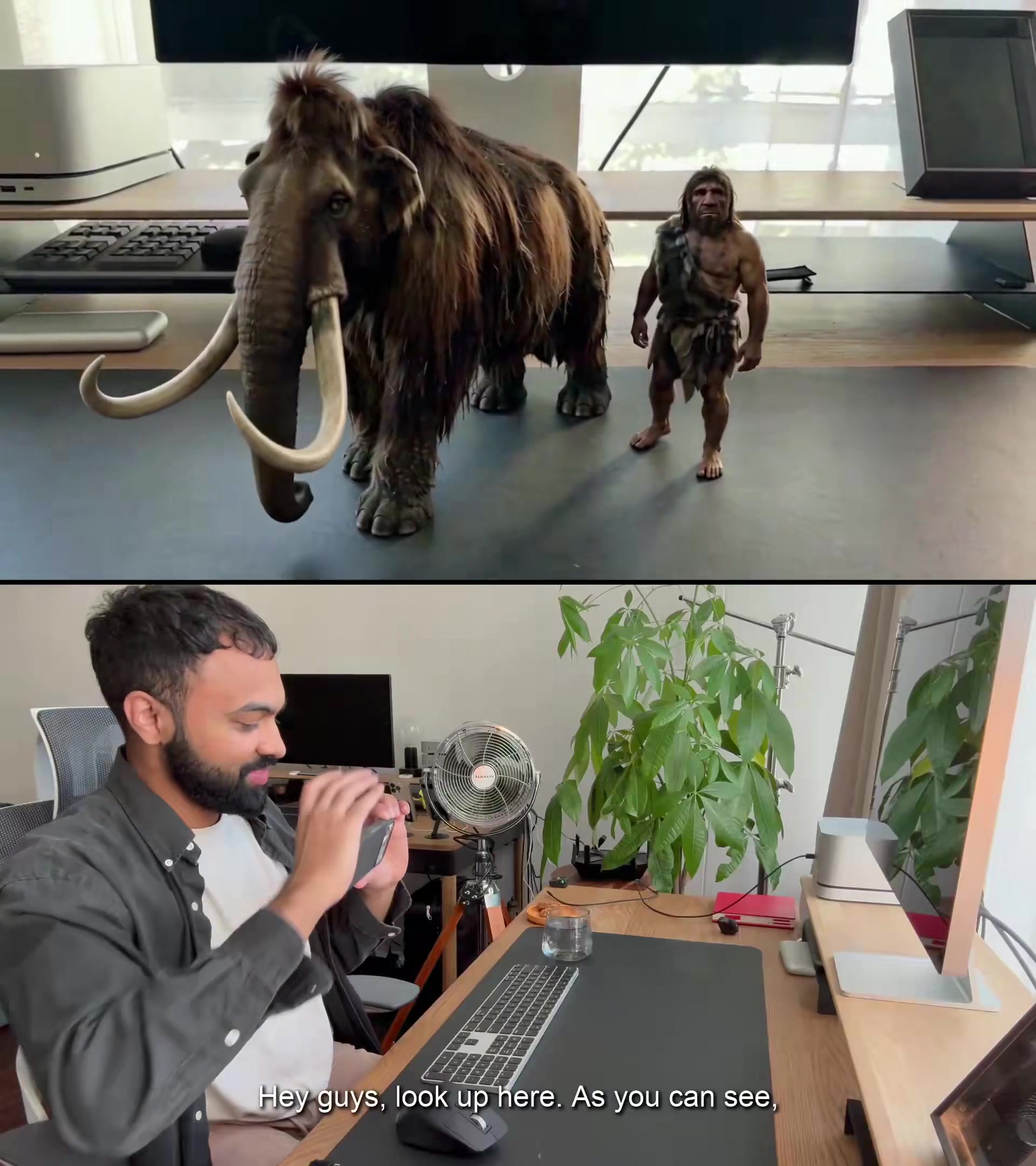 The mammoth and the bearded figure among the desks, two seconds in