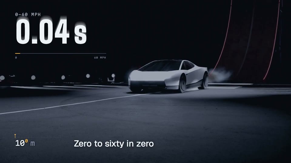 The video's Roadster card, showing 0-60 mph in 0.04 seconds