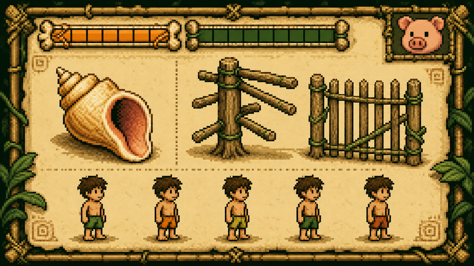 The conch gate rules panel: the conch, the driftwood gate, and the five sprites