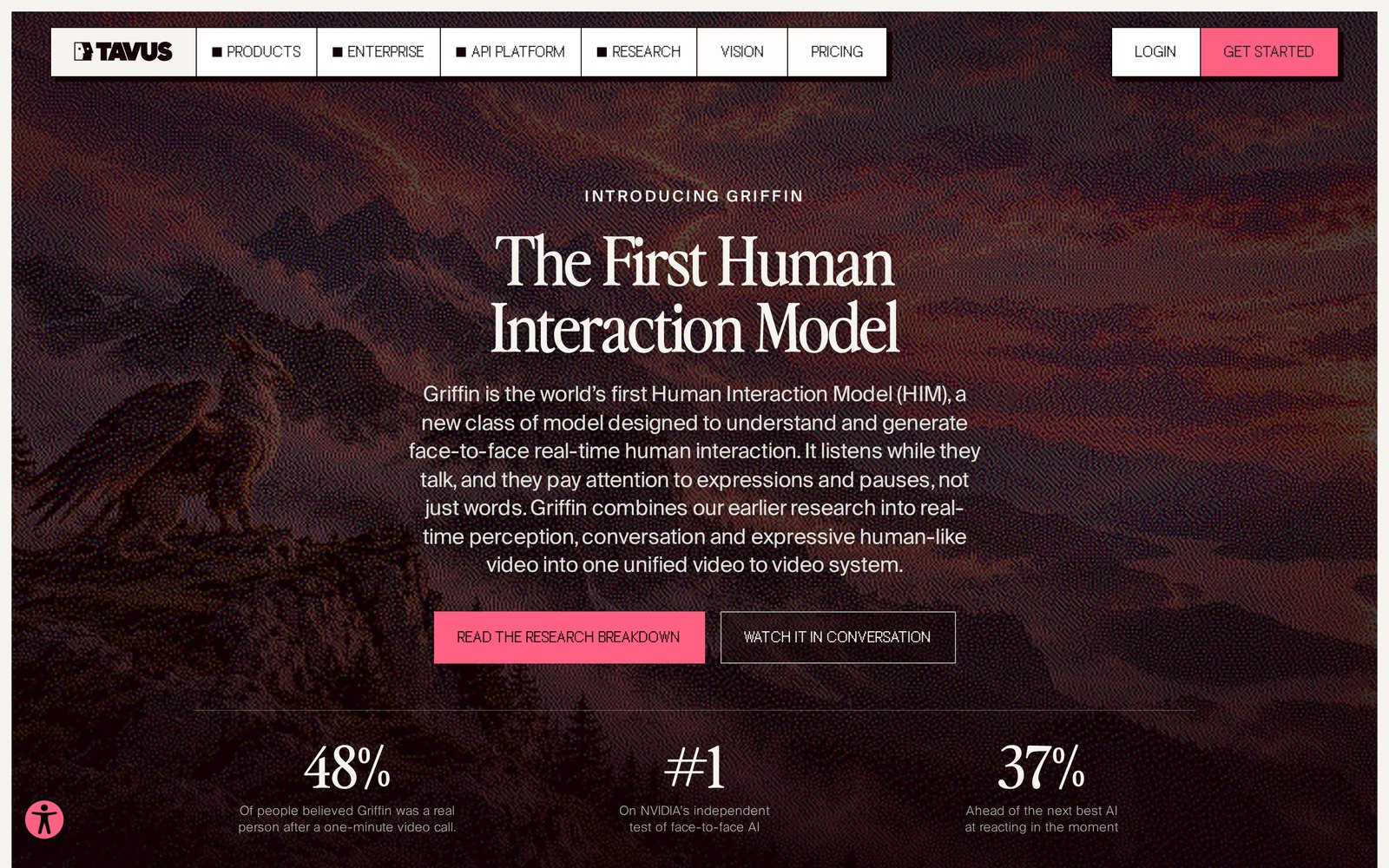 Tavus's own Griffin page and its three headline numbers