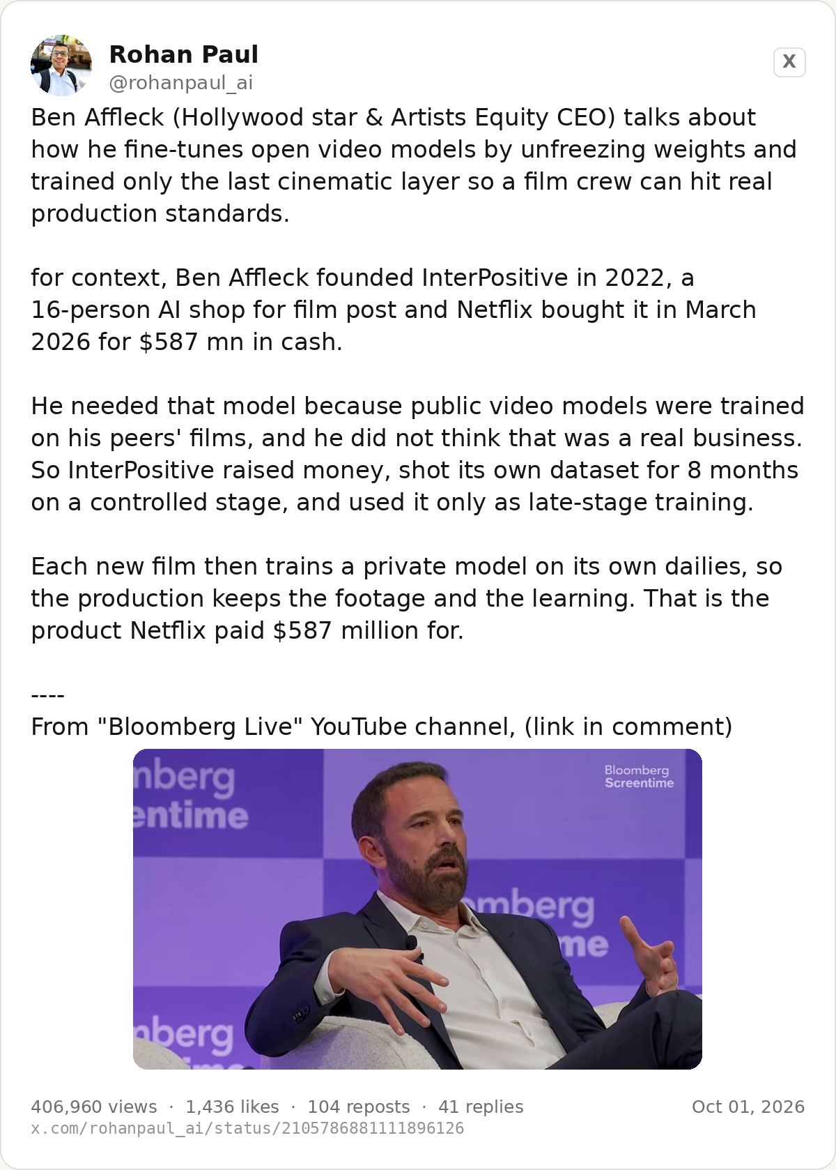 The post by @rohanpaul_ai on Affleck's talk