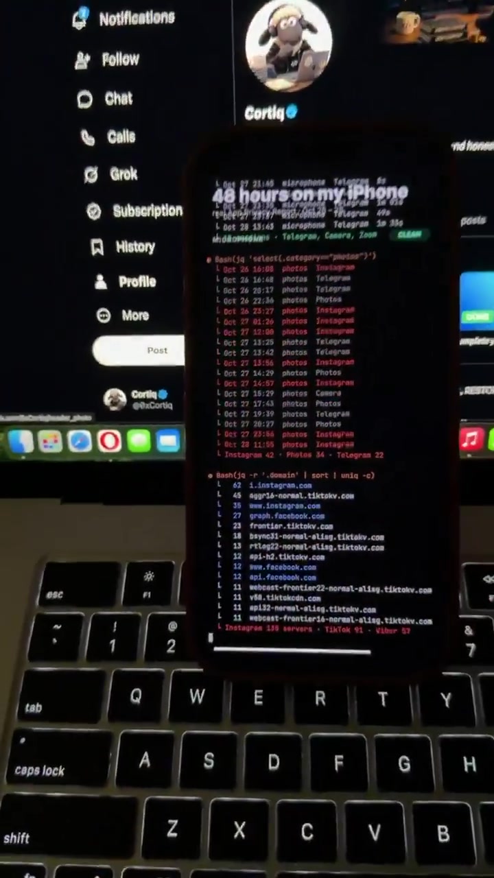 The phone's own summary card beside the domain log